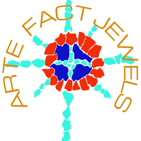 Arte Fact Jewels logo a Sun Symbol with a Blue-Green Cross and an Orange-Red Circle encircled by ARTE FACT JEWELS in gold letters
