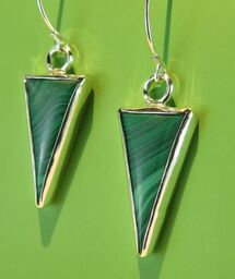 Sterling silver earrings with bezel-set triangular cabochons of green malachite; handmade