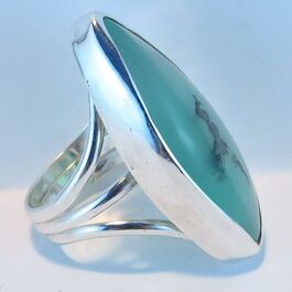 Handmade sterling silver ring with triple shank and large elongate chrysoprase cabochon